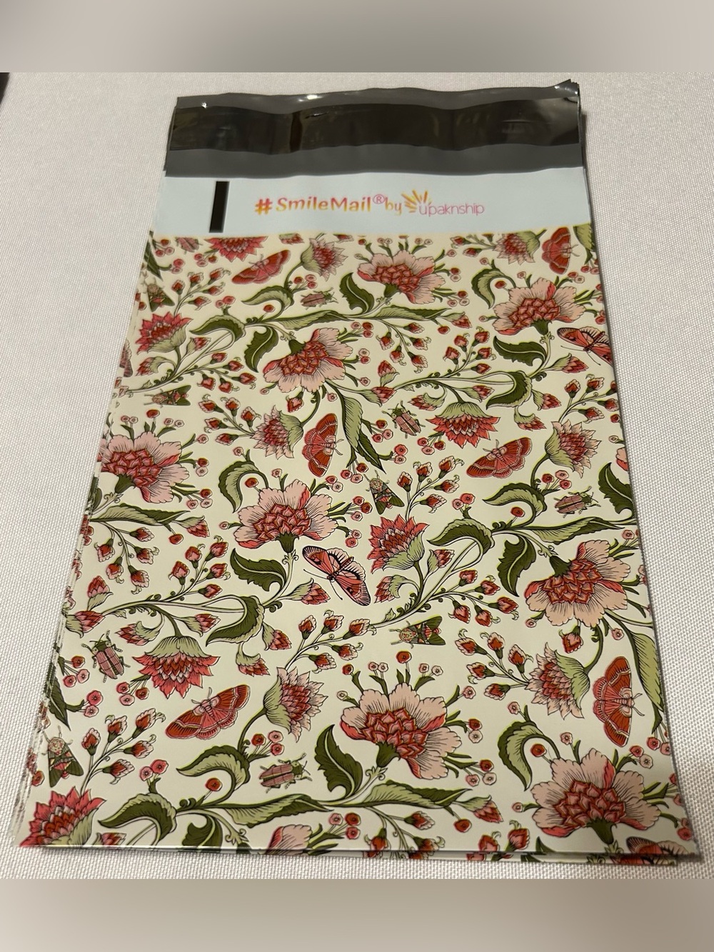 20-Cream & Floral Poly Mailers with Pink and Green Print